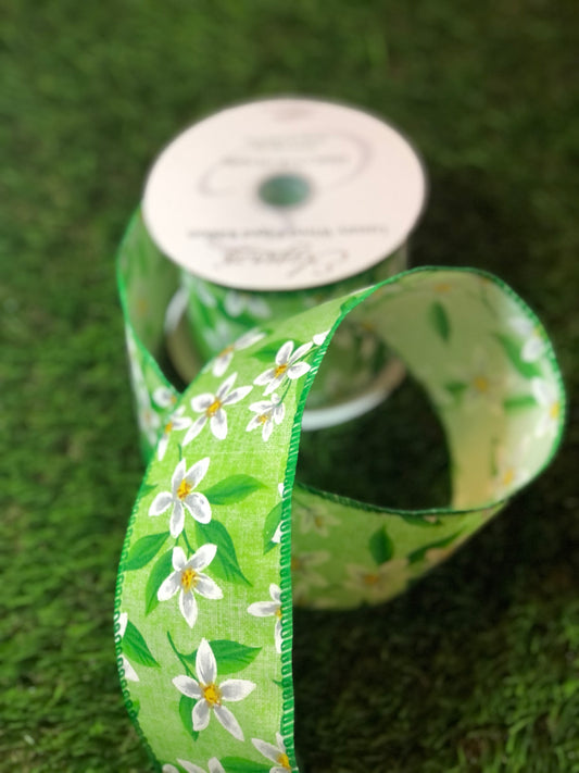 GREEN/WHITE FLORAL RIBBON WIRED 63mm x 9.1m