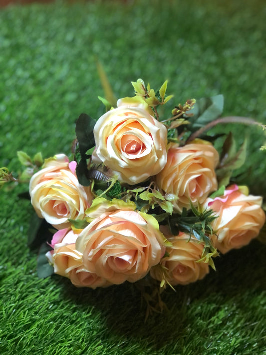 40cm SMALL ROSE WITH FOLIAGE BUNCH CREAM/PINK