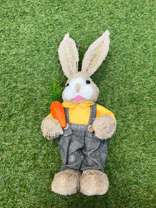 33cm STANDING BUNNY BLUE/YELLOW DUNGAREES