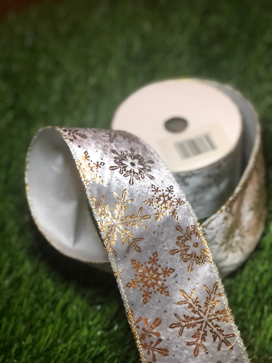 SILVER VELVET GOLD SNOWFLAKE WIRED RIBBON 63mm x 10YD