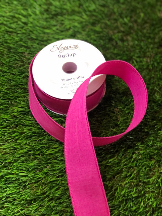 WIRED EDGE BURLAP RIBBON HOT PINK 38mm x 10m