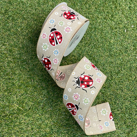 NATURAL FLORAL LADYBIRD RIBBON WIRED 63mm x 9.1m